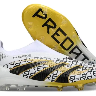 Adidas Predator White Black Laceless Sock-Fit Collar Asymmetrical Stripe Overlay Firm-Ground Soccer Shoes