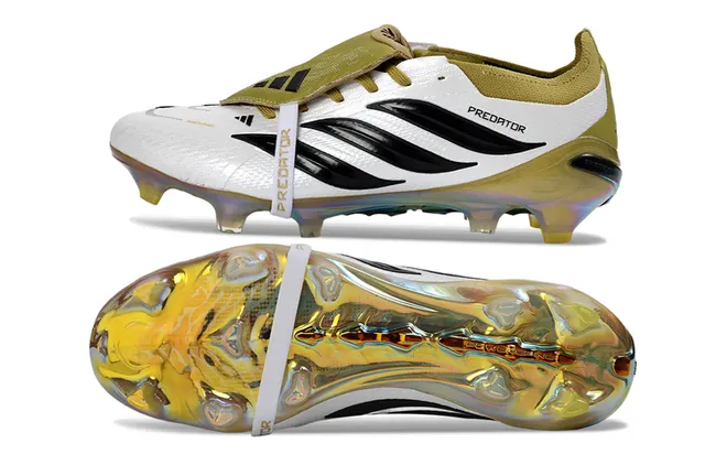 Adidas Predator Chaussures de foot blanc or sans lacets fermeture sangle contrefort irisé holographique terrain ferme 6