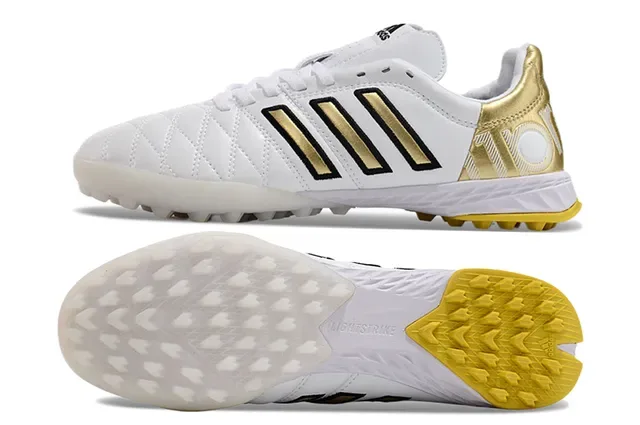Adidas Chaussures de football pour pelouse artificielle blanc doré avec upper quilté et trois rayures 6