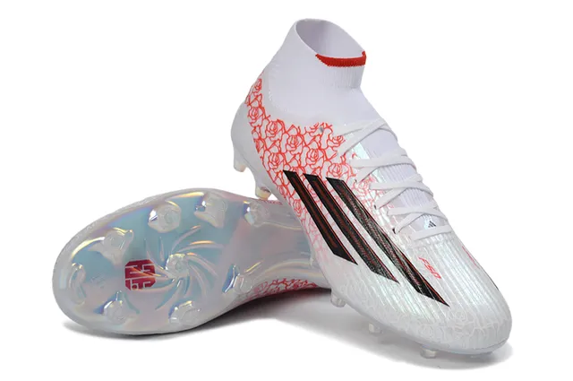 Adidas Branco Vermelho Alto Corte Colar de Meia Superior Sintético Superfície Firme Sapatos de Futebol 4