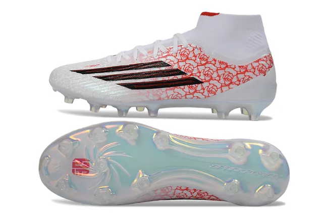 Adidas Branco Vermelho Alto Corte Colar de Meia Superior Sintético Superfície Firme Sapatos de Futebol 6