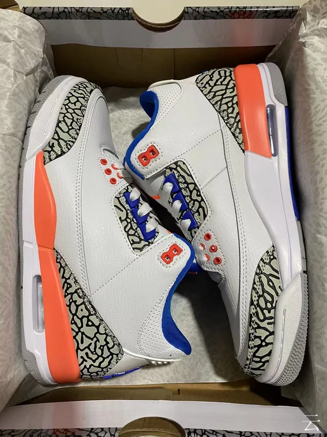 Air Jordan 3 Chaussures de basketball blanches orange bleu imprimé éléphant 7
