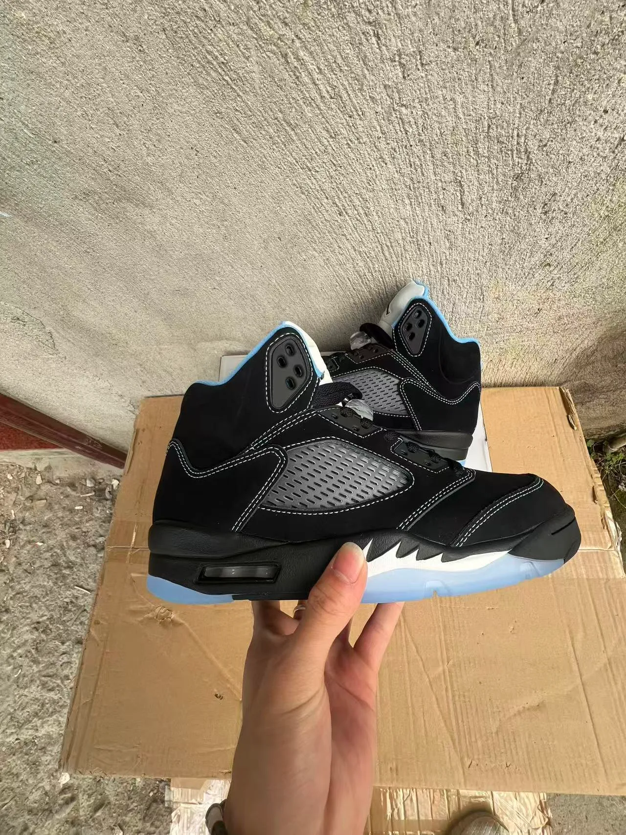 Air Jordan 5 Negro Azul Claro Blanco Zapatos de Baloncesto 10