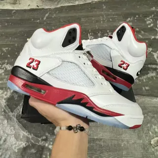 Air Jordan 5 Branco Vermelho Preto Tênis de Basquete
