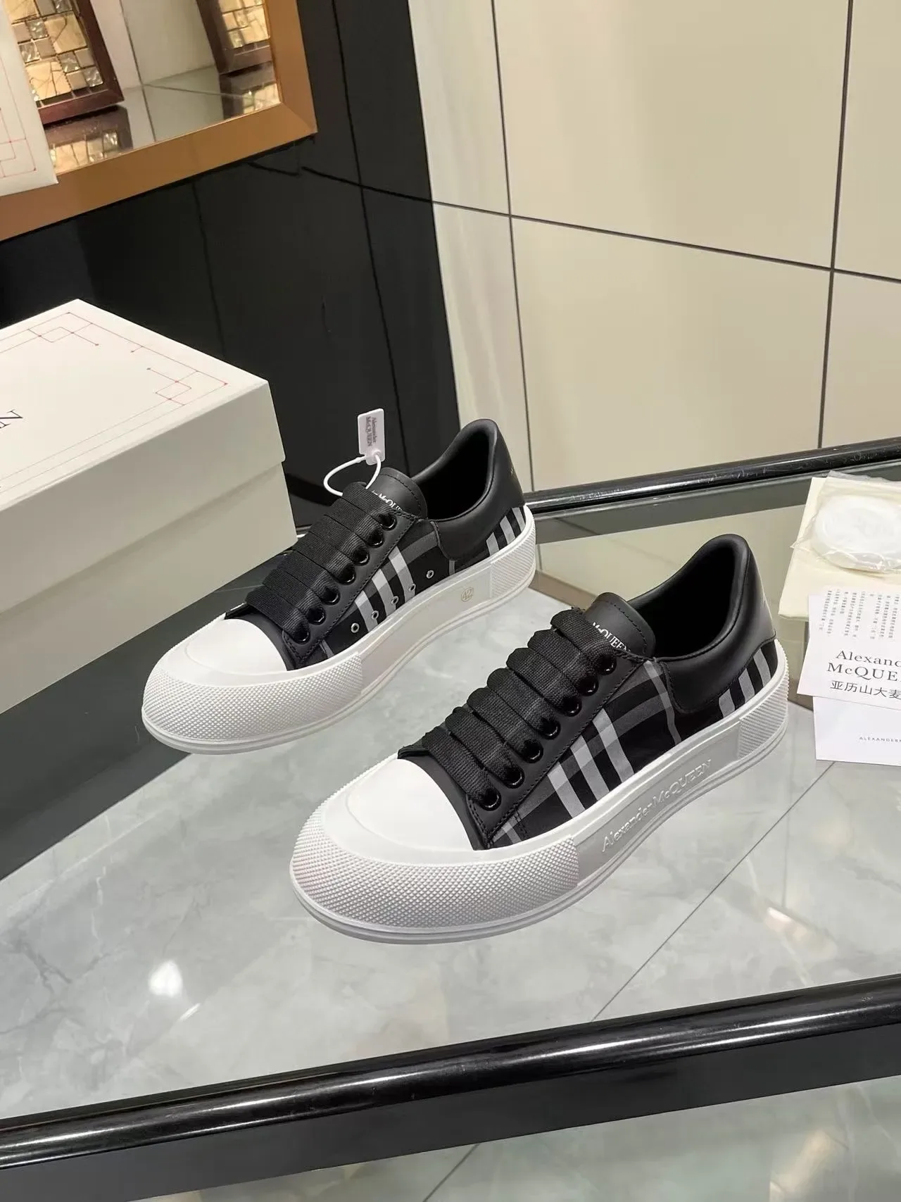 Alexander McQueen Oversized Sneaker Black Gray Plaid White Platform Lifestyle Sneakers 4