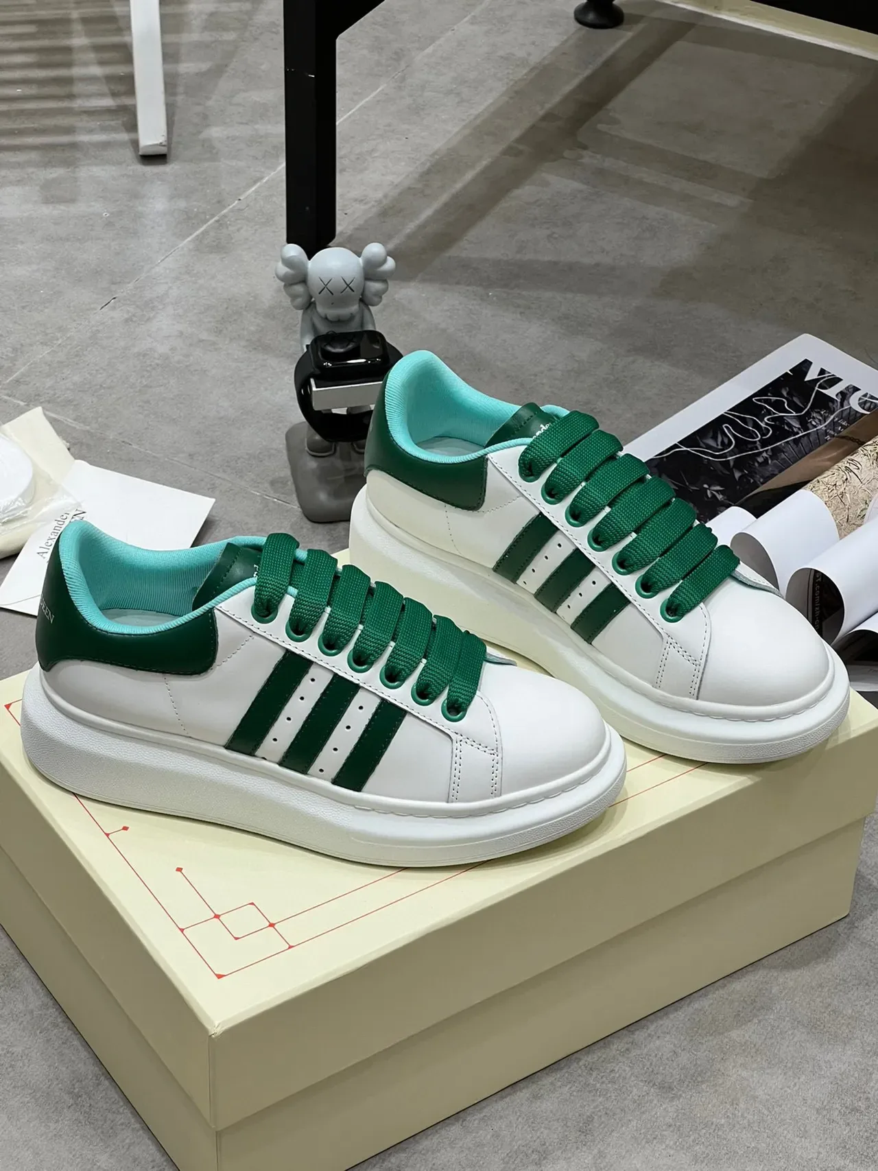 Alexander McQueen Oversized Sneaker White Green Triple Stripe Lifestyle Sneakers 7