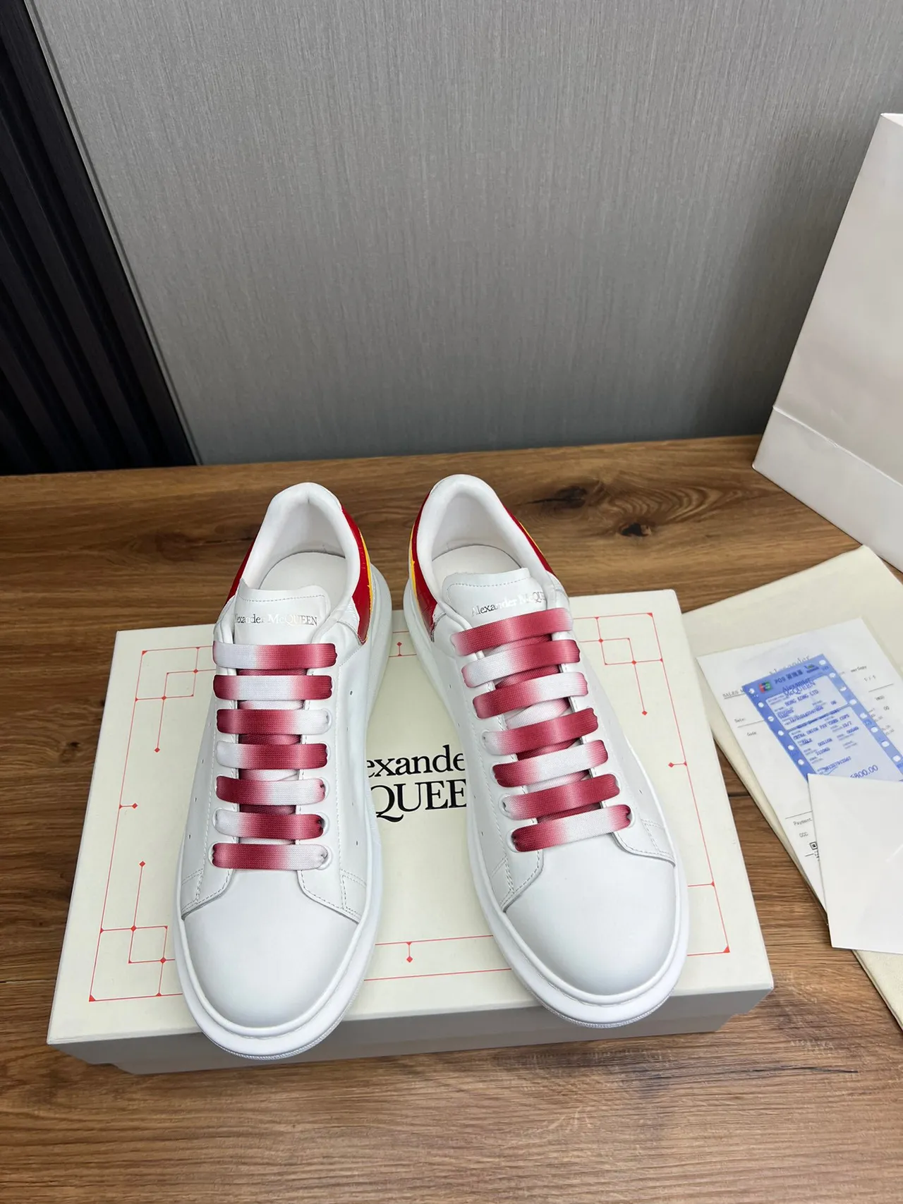 Alexander McQueen White Red Oversized Platform Sole Gradient Satin Laces Lifestyle Sneakers 2