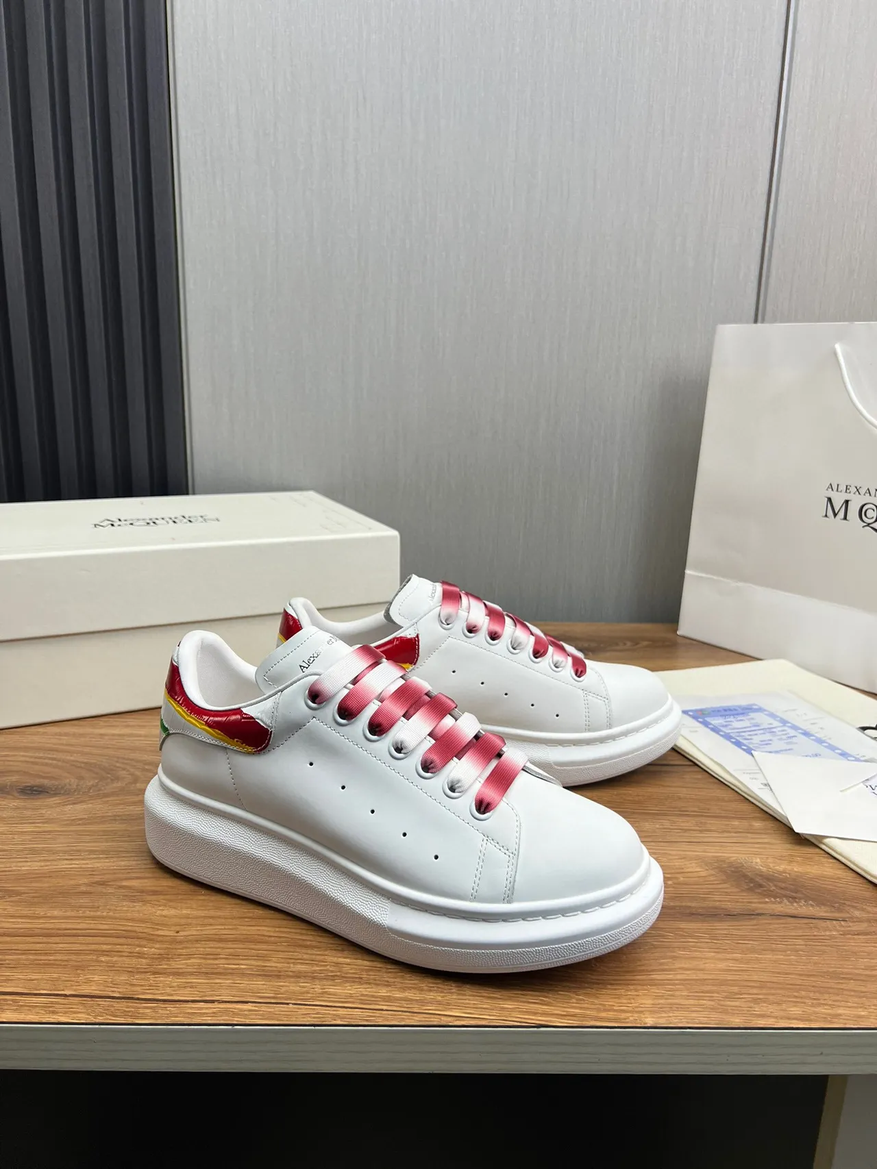 Alexander McQueen White Red Oversized Platform Sole Gradient Satin Laces Lifestyle Sneakers 3