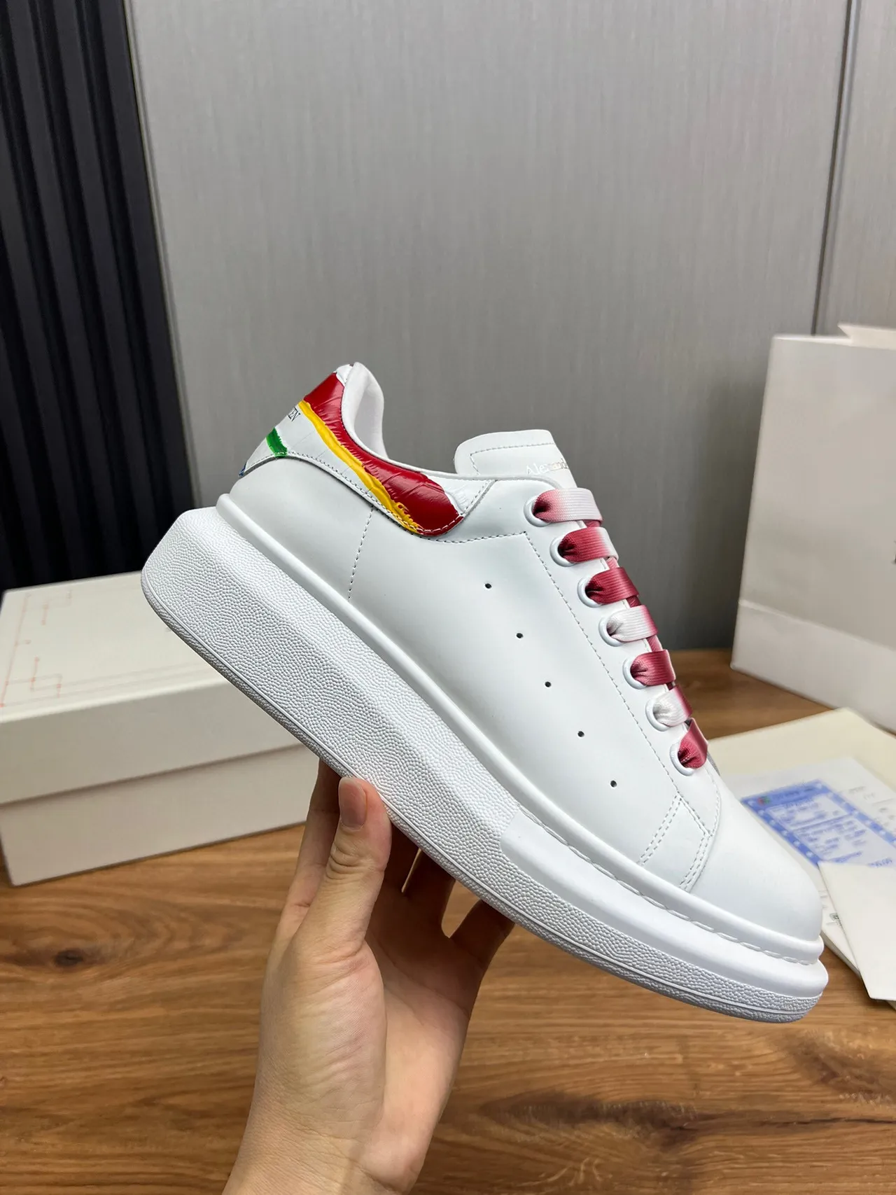 Alexander McQueen White Red Oversized Platform Sole Gradient Satin Laces Lifestyle Sneakers 4