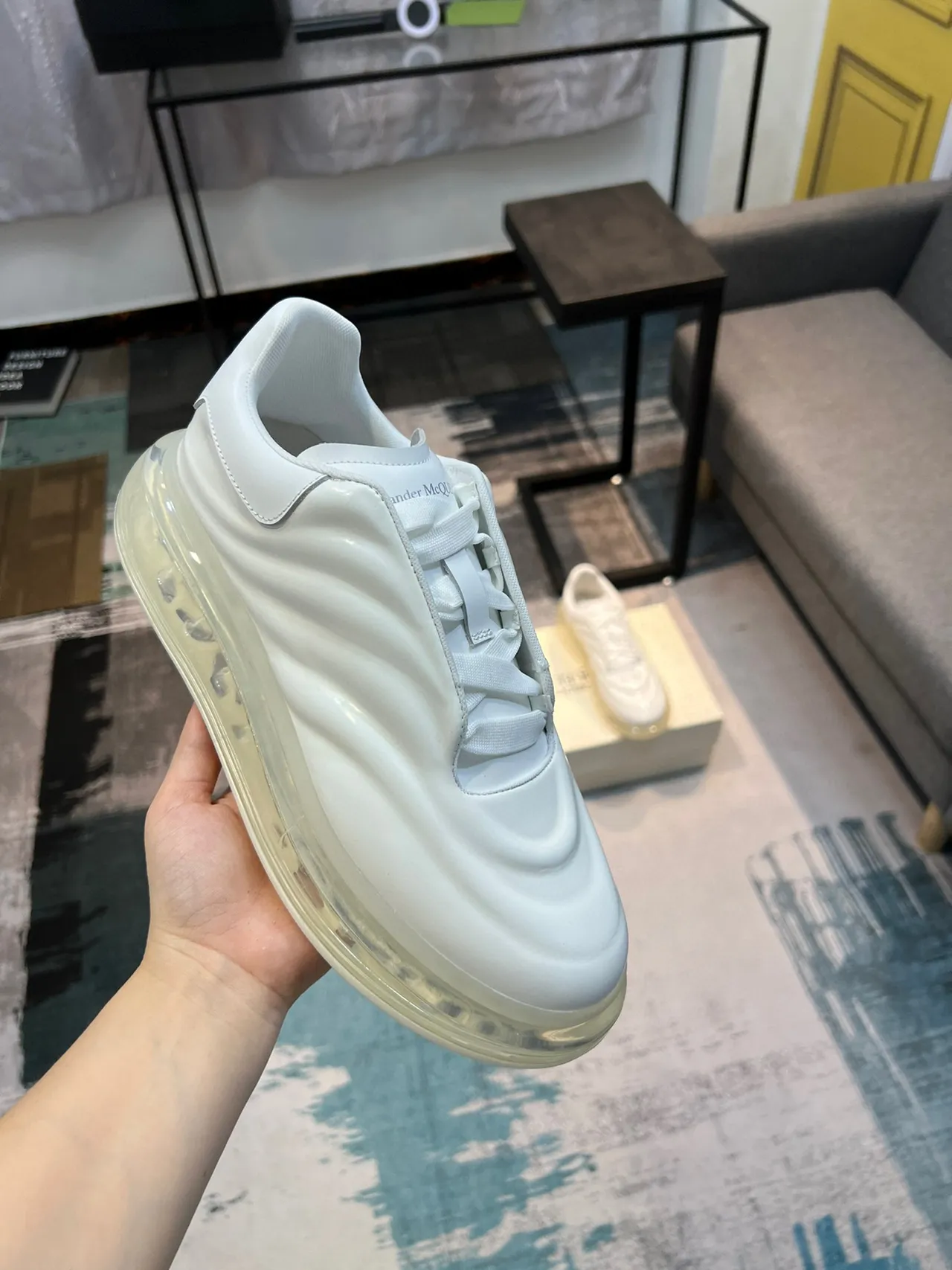 Alexander McQueen White Transparent Glossy Leather Upper Sculpted Wave Paneling Lifestyle Sneakers 5