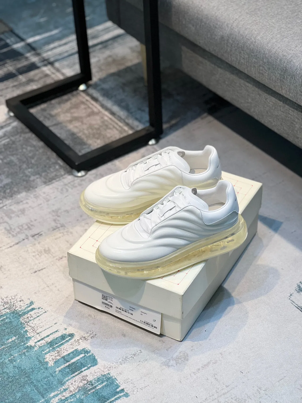 Alexander McQueen White Transparent Glossy Leather Upper Sculpted Wave Paneling Lifestyle Sneakers 6