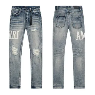 Amiri Blue White Distressed Logo-Print Jeans