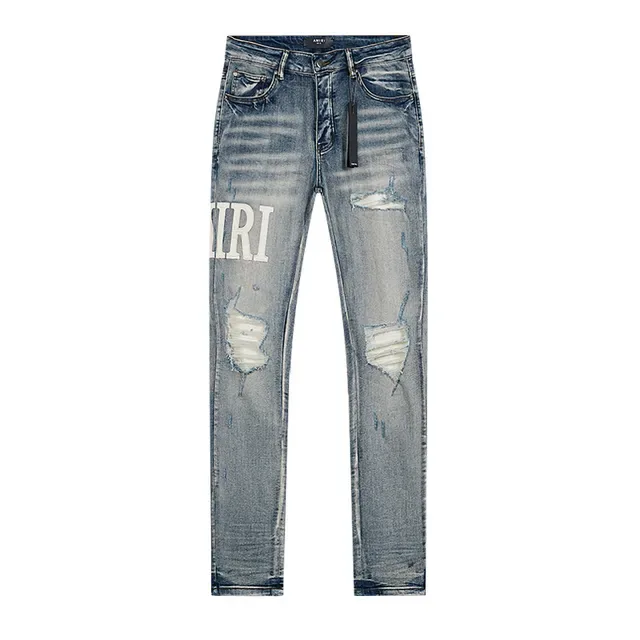 Amiri 蓝白 distressed logo-print 牛仔裤 2