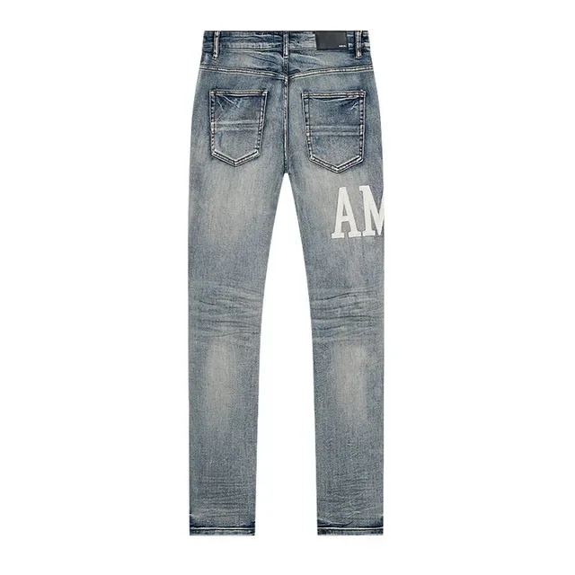Amiri 蓝白 distressed logo-print 牛仔裤 3