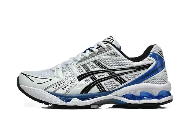 ASICS White Blue Engineered Mesh Upper Black Tiger Stripe Overlay Running Shoes 2