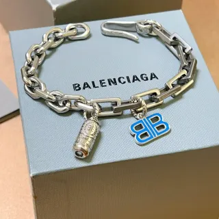 Balenciaga BB Charm Prata Azul Grossa Cadeia Mista Fechadura Cilíndrica Pulseira