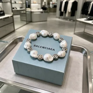 Balenciaga BB Logo Bracelet White Silver Baroque Pearl Beads Bracelet