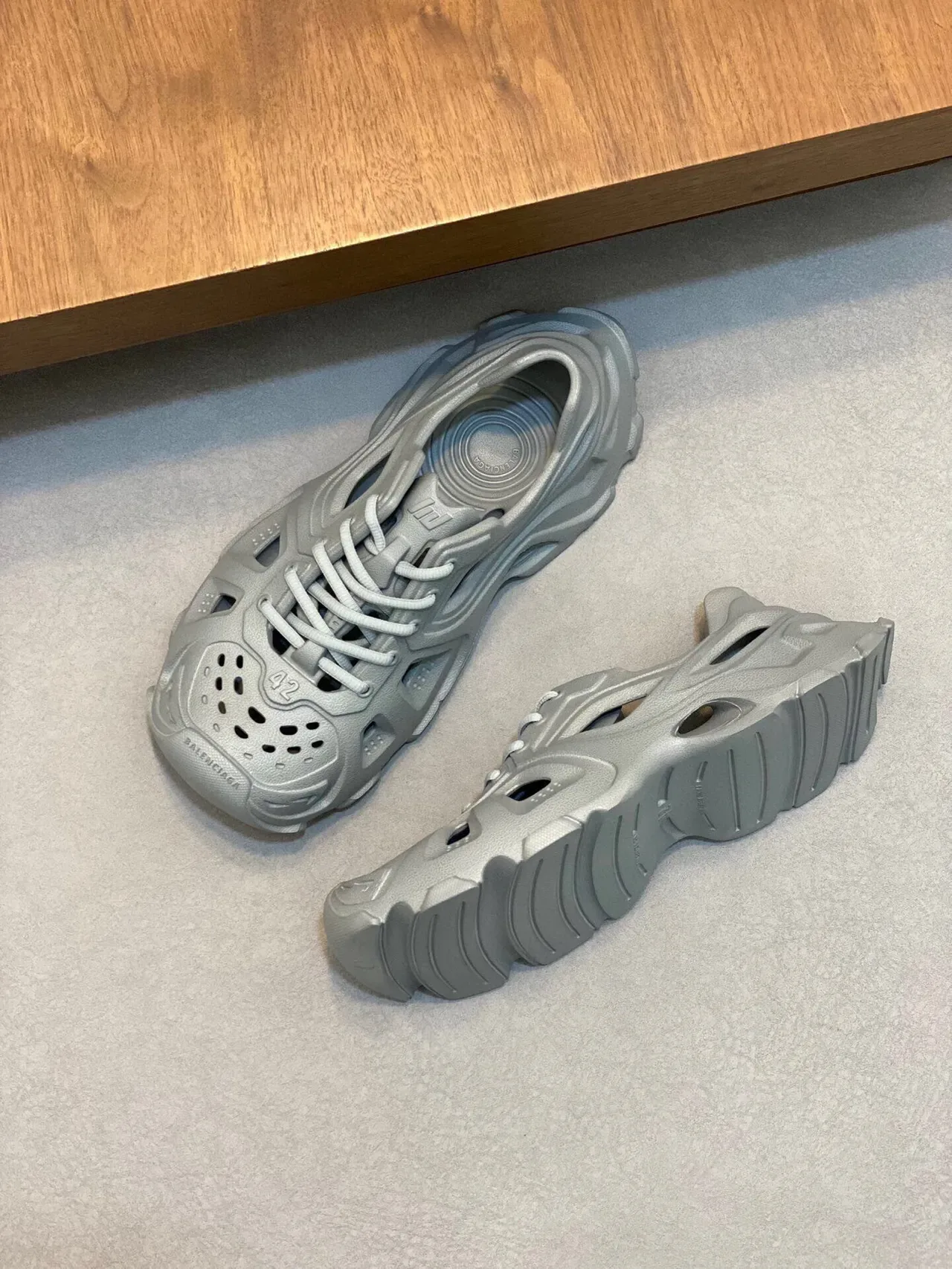 Balenciaga Gray Blue Molded Monolithic Sole Perforated Geometric Upper Chunky Sneakers 5