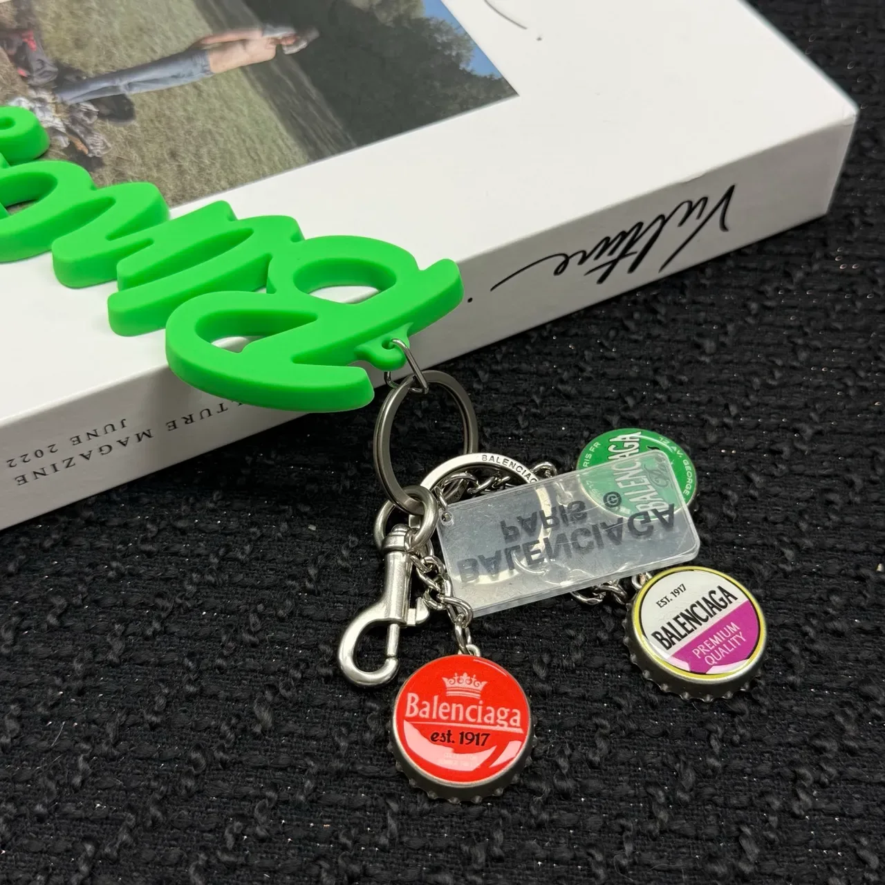 Balenciaga Multi-Charm Llaveros Verde Plata Cursiva Resina Pulsera Colgante 2