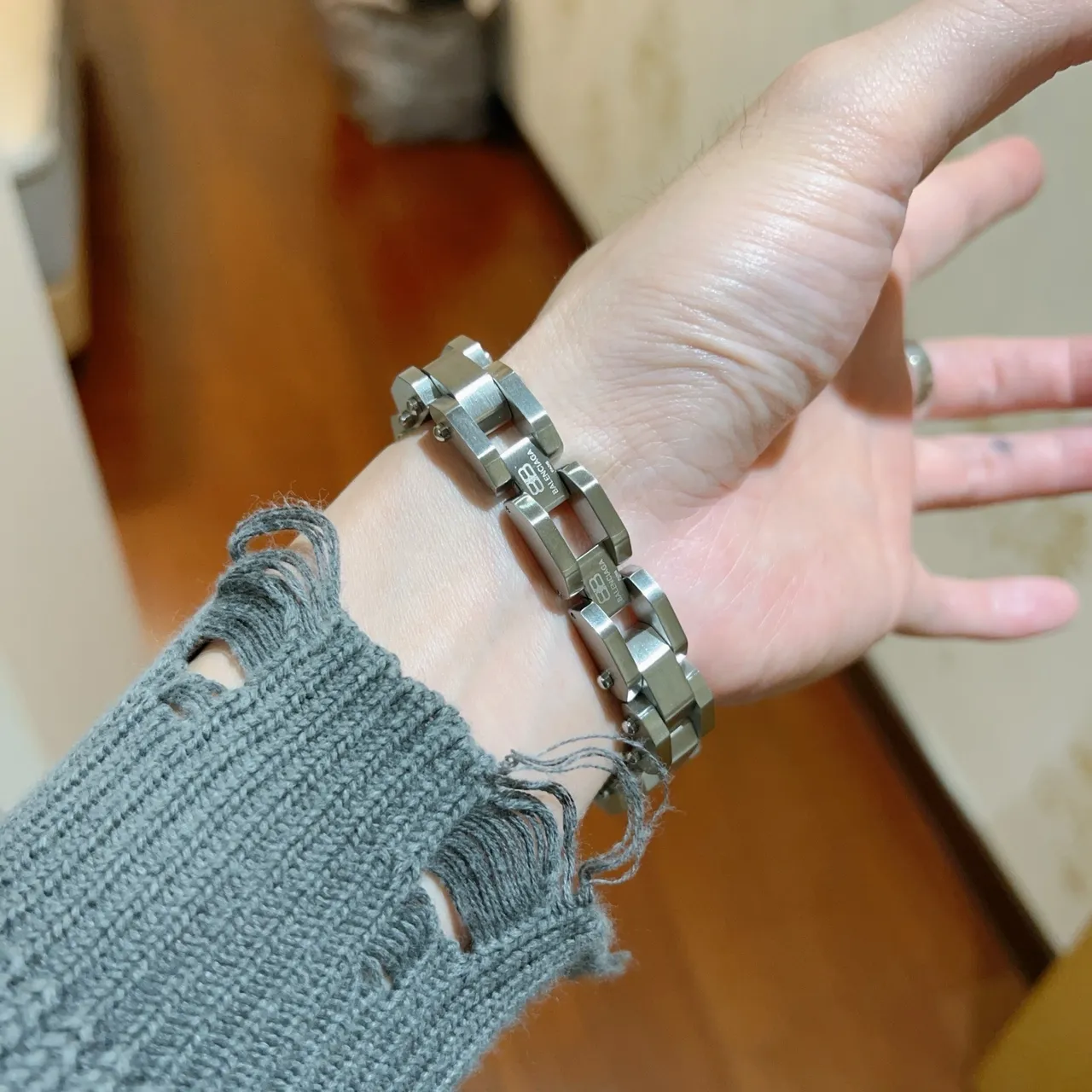 Balenciaga Silver Geometric Block Links Double-Row Construction Bracelet 8