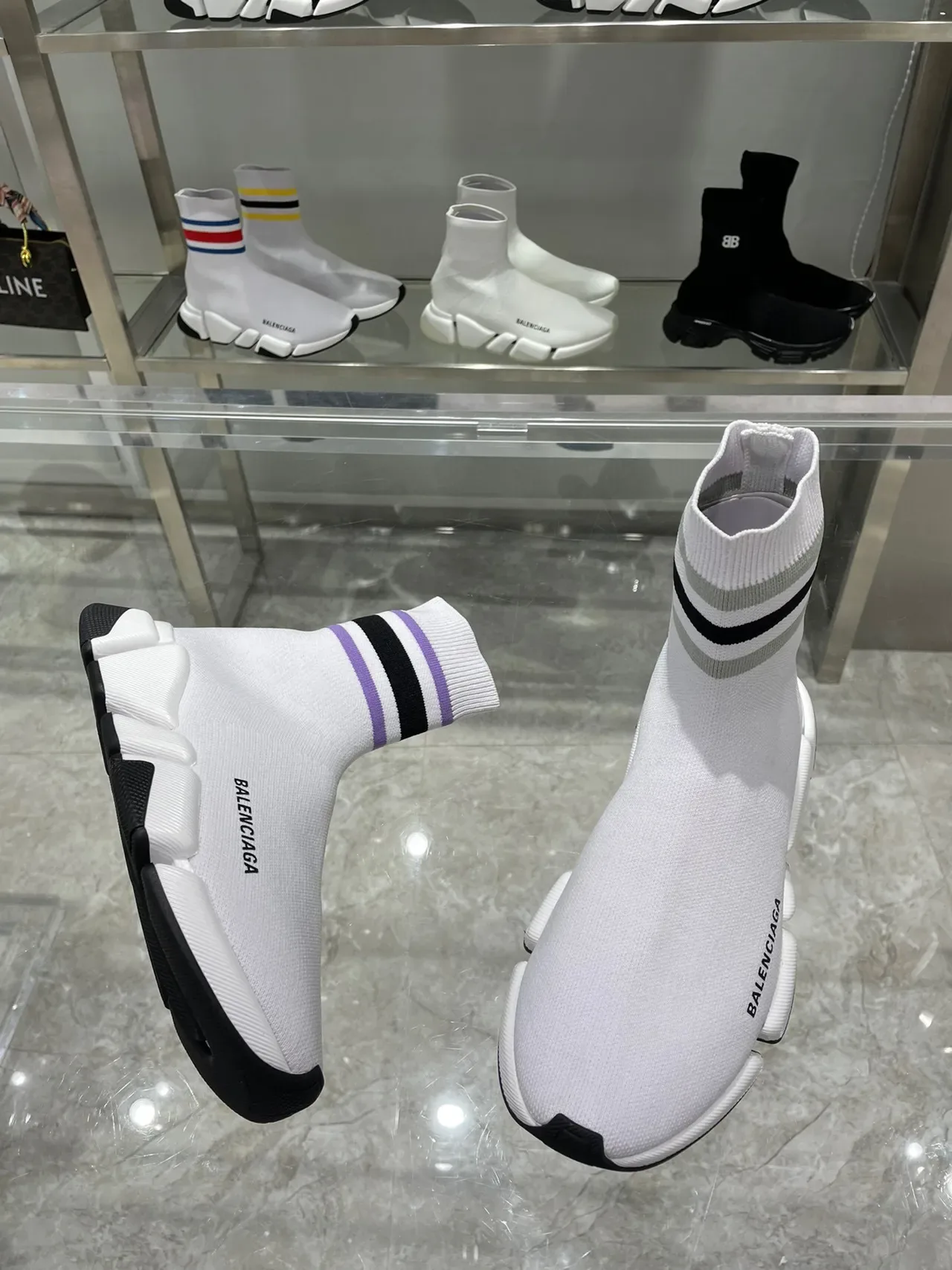Balenciaga Speed Trainer حذاء رياضي أبيض بنفسجي أسود مخطط لايف ستايل 4