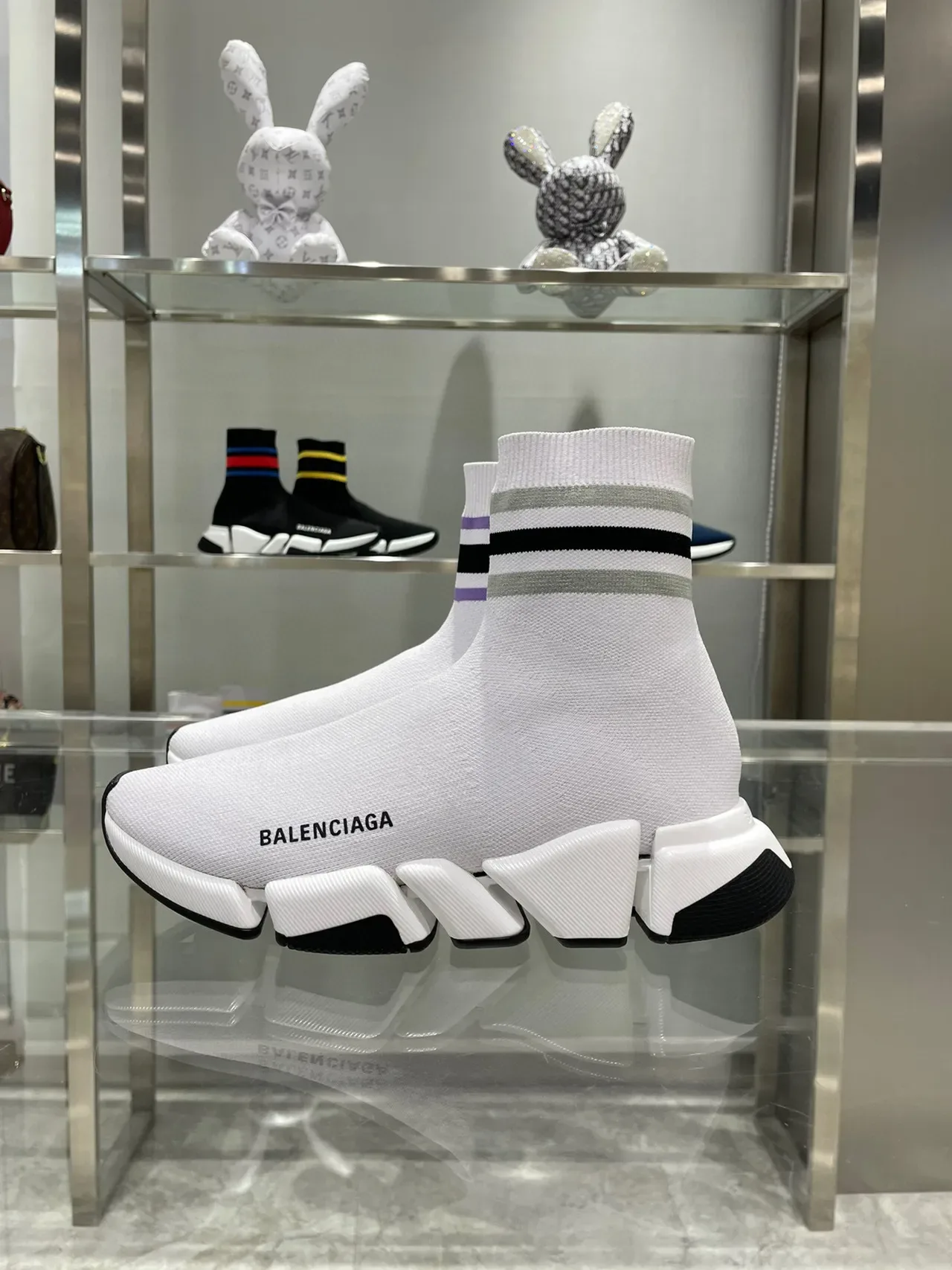 Balenciaga Speed Trainer حذاء رياضي أبيض بنفسجي أسود مخطط لايف ستايل 5