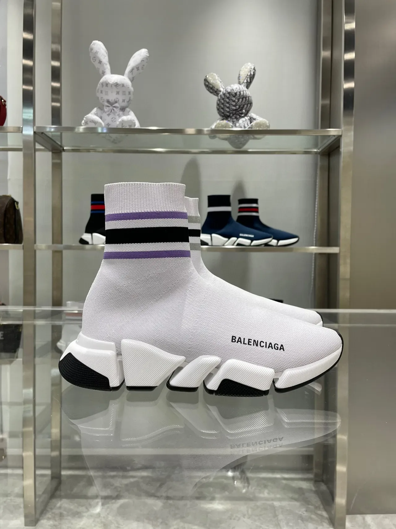 Balenciaga Speed Trainer حذاء رياضي أبيض بنفسجي أسود مخطط لايف ستايل 6