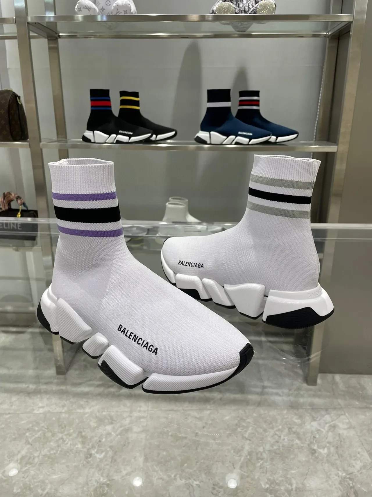 Balenciaga Speed Trainer حذاء رياضي أبيض بنفسجي أسود مخطط لايف ستايل 8
