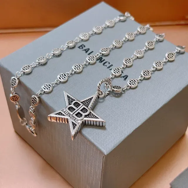 Balenciaga Star Pendant Necklace Silver Black Chain Necklace 3