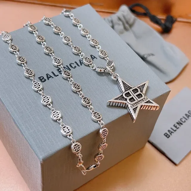 Balenciaga Star Pendant Necklace Silver Black Chain Necklace 6