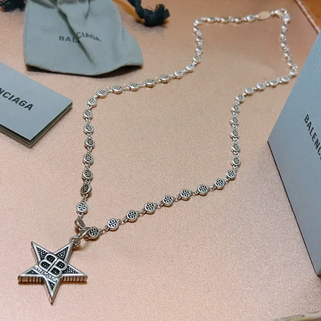 Balenciaga Star Pendant Necklace Silver Black Chain Necklace 7