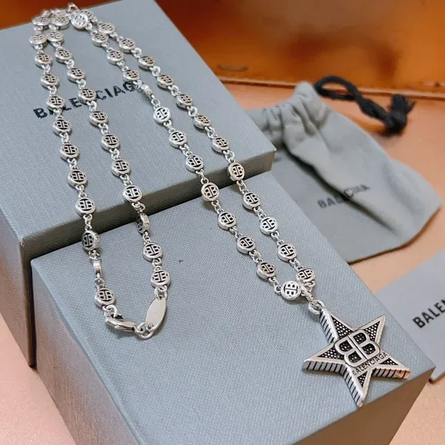Balenciaga Star Pendant Necklace Silver Black Chain Necklace 9