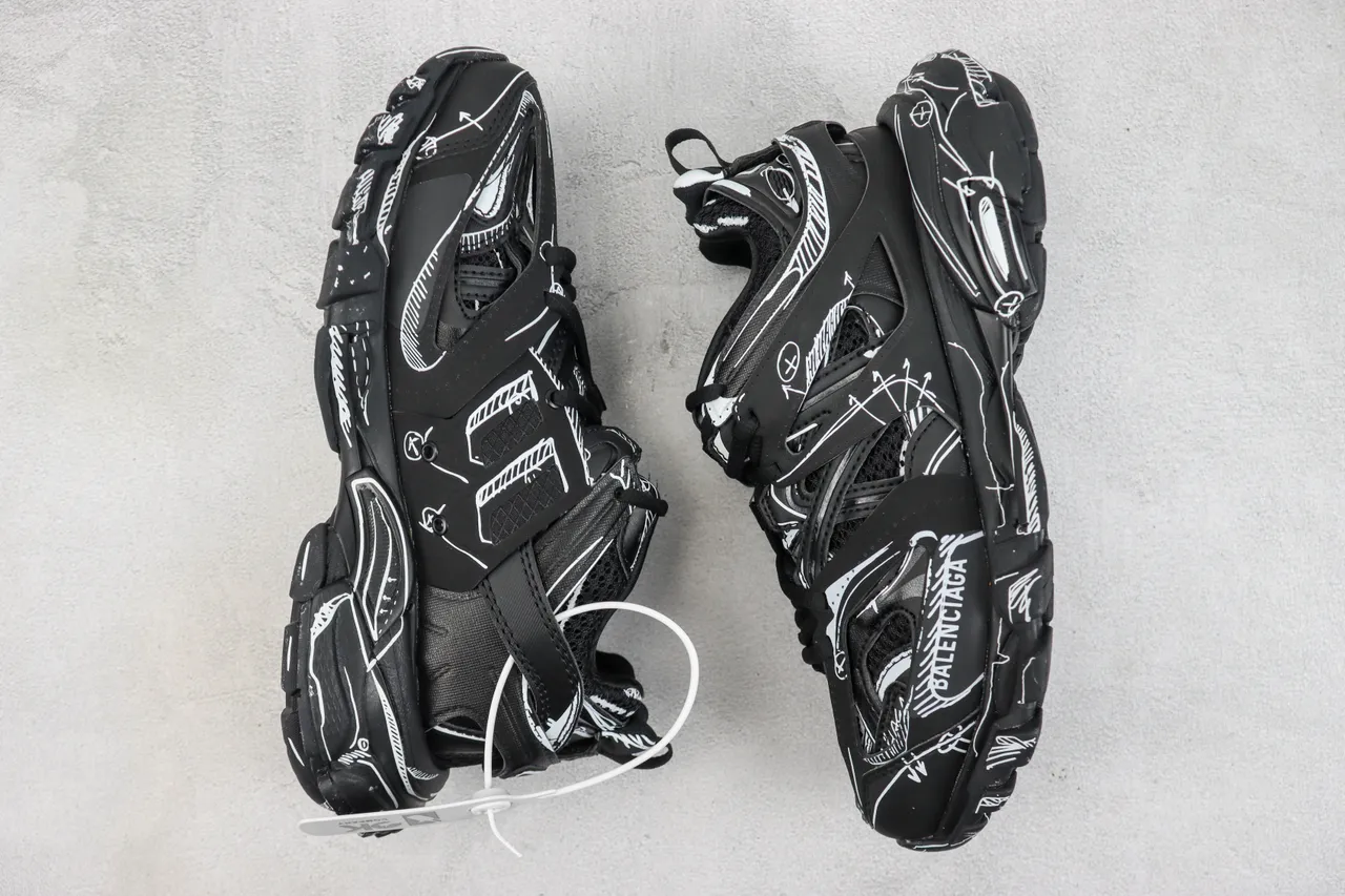 Balenciaga Track noir blanc semelle surdimensionnée art de ligne au style graffiti baskets chunky 2