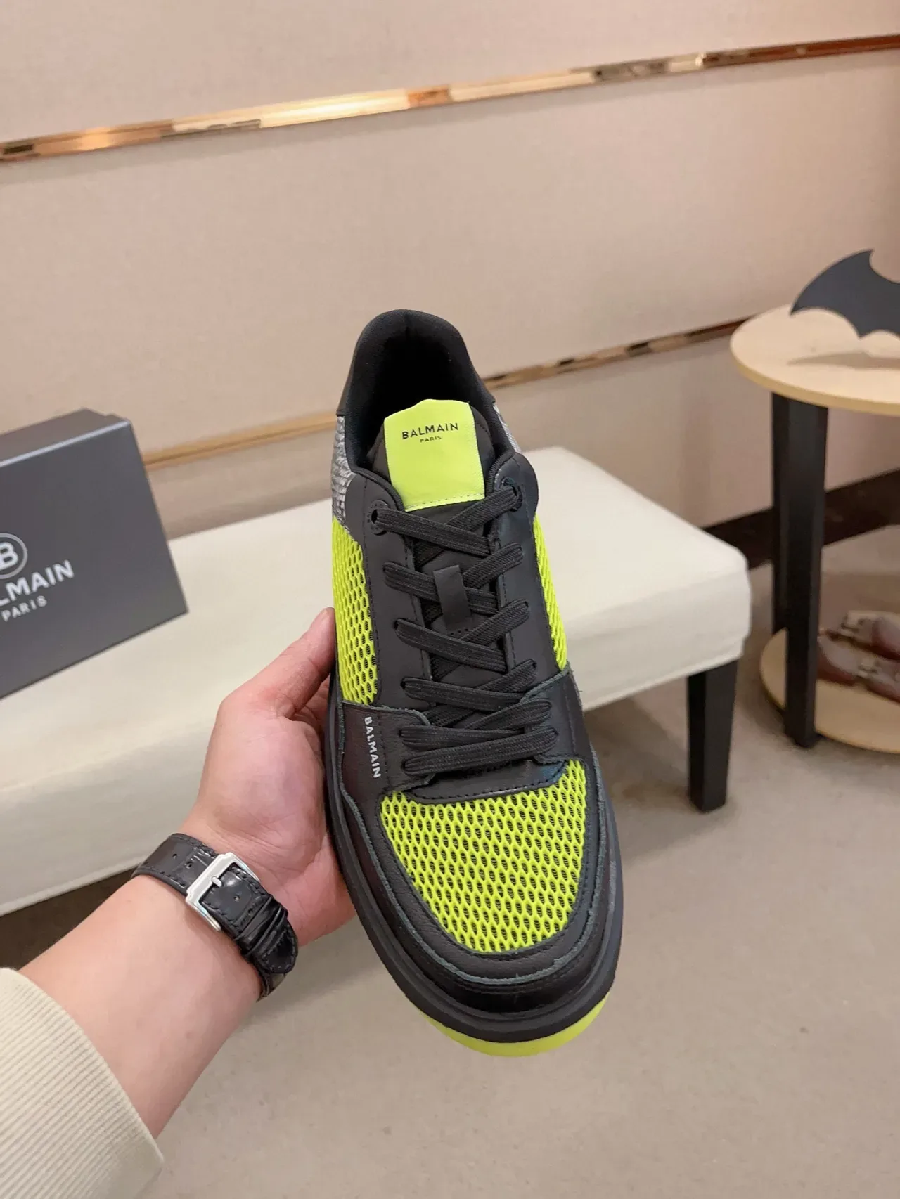 Balmain 黑色黄色平台鞋底网面和皮革面板生活方式运动鞋 2