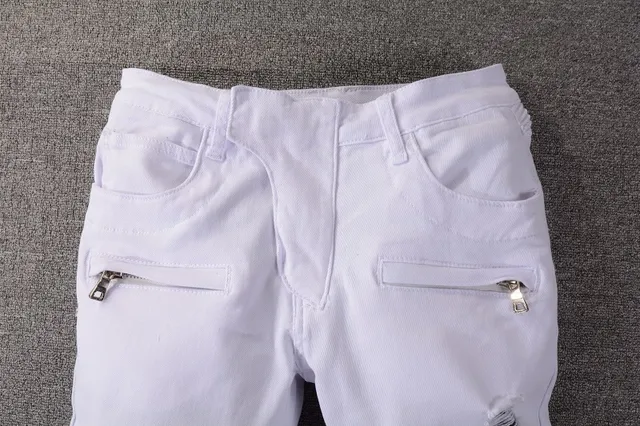 Balmain Moto Jeans Blancs avec Fermeture Éclair dans les Poches de Cuisses 15