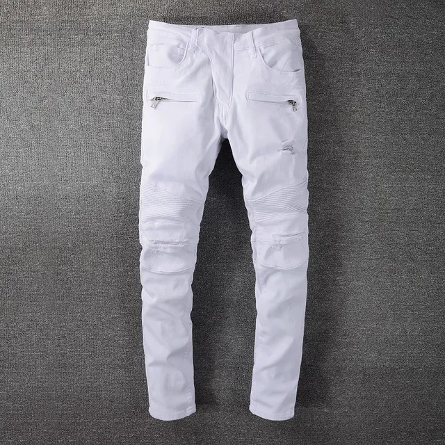 Balmain Moto Jeans Blancs avec Fermeture Éclair dans les Poches de Cuisses 17