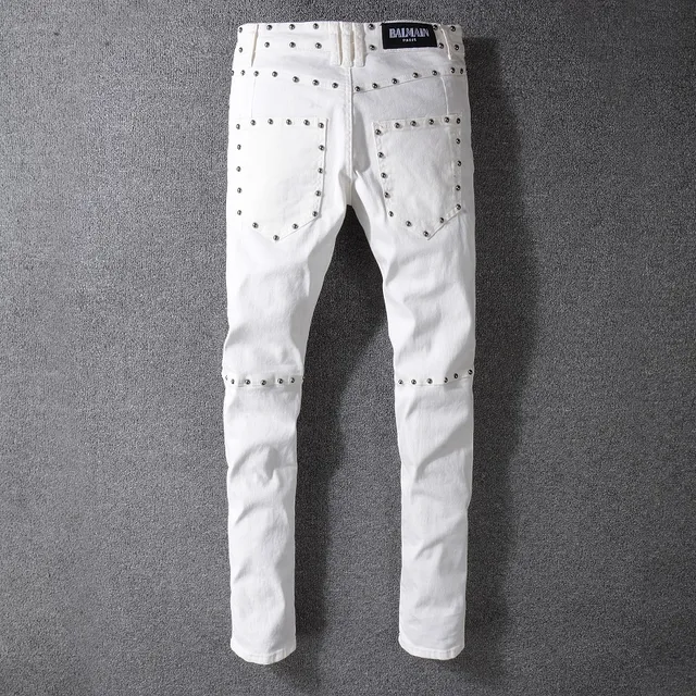Balmain Calça Jeans Branca Tachonada Inspirada em Moto 7