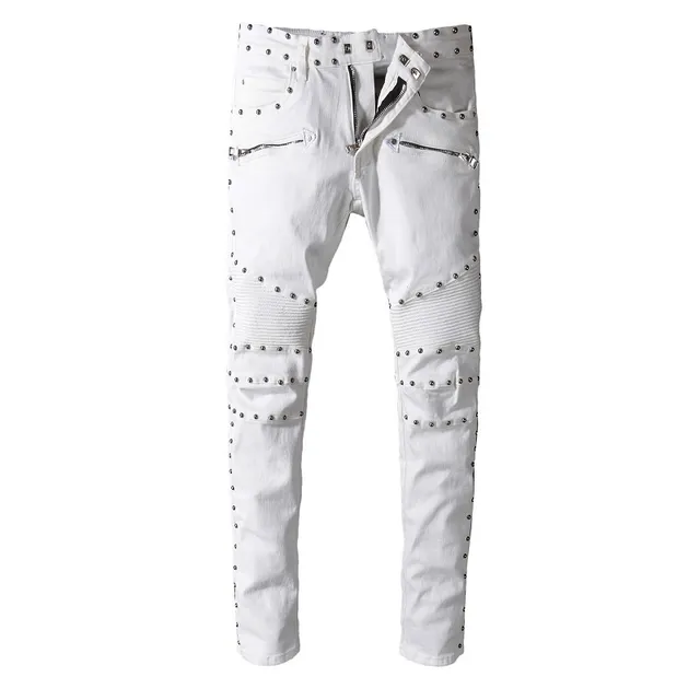 Balmain Calça Jeans Branca Tachonada Inspirada em Moto 14