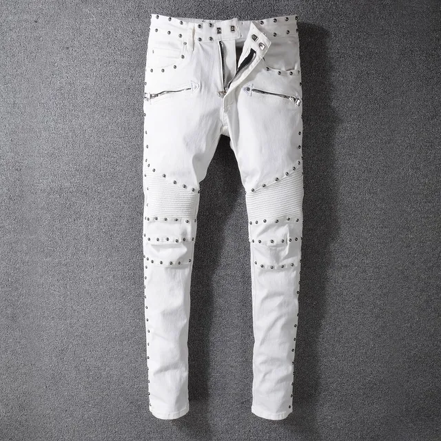Balmain Calça Jeans Branca Tachonada Inspirada em Moto 15