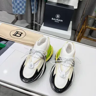 Balmain White Green Platform Sole Multi-Layered Construction Chunky Sneakers