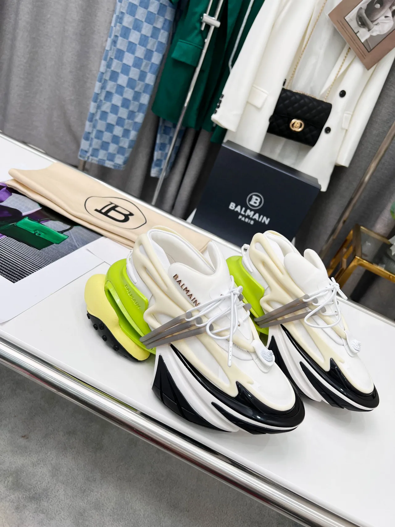 Balmain White Green Platform Sole Multi-Layered Construction Chunky Sneakers 6