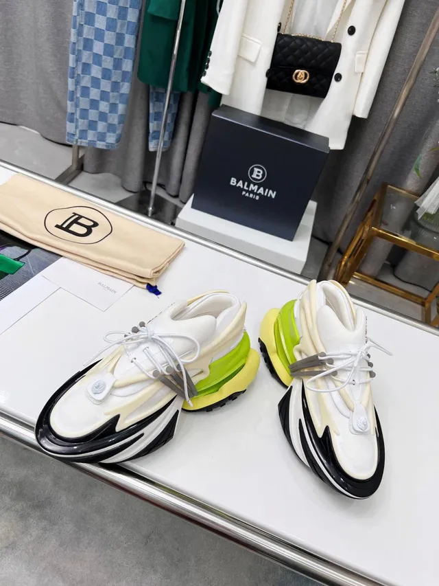 Balmain White Green Platform Sole Multi-Layered Construction Chunky Sneakers 7