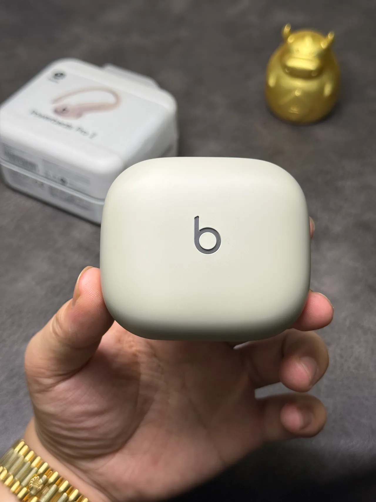 Beats Powerbeats Pro 2 भूरा-सफेद कॉम्पैक्ट गोलाकार केस मैट फिनिश TWS इयरबड्स 14