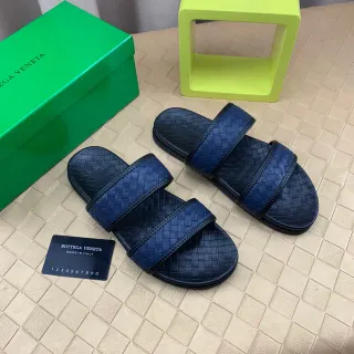 Bottega Veneta Andiamo Navy Blue Intrecciato Woven Leather Slippers