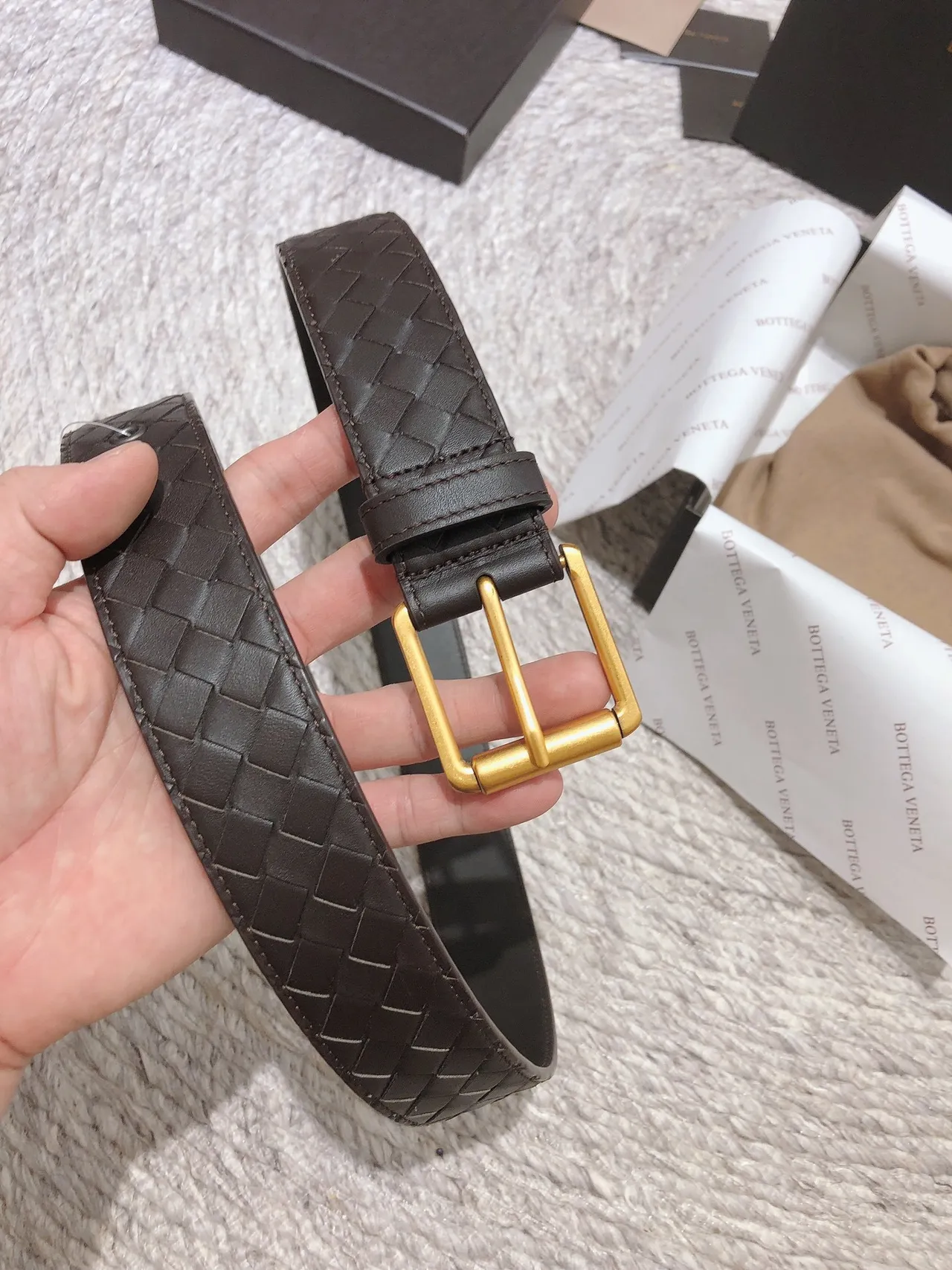 Bottega Veneta Brown Gold Woven Intrecciato Rectangular Buckle Leather Belt 2
