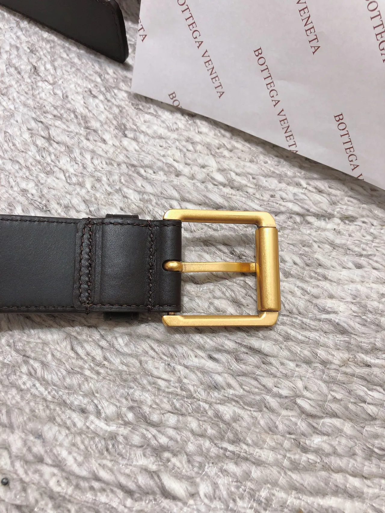 Bottega Veneta Brown Gold Woven Intrecciato Rectangular Buckle Leather Belt 3