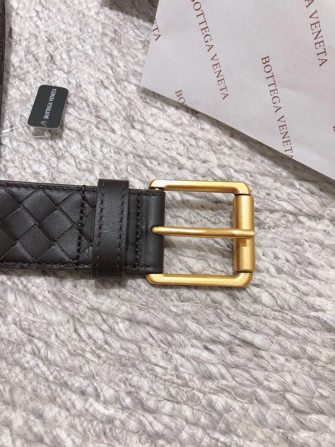 Bottega Veneta Brown Gold Woven Intrecciato Rectangular Buckle Leather Belt 4