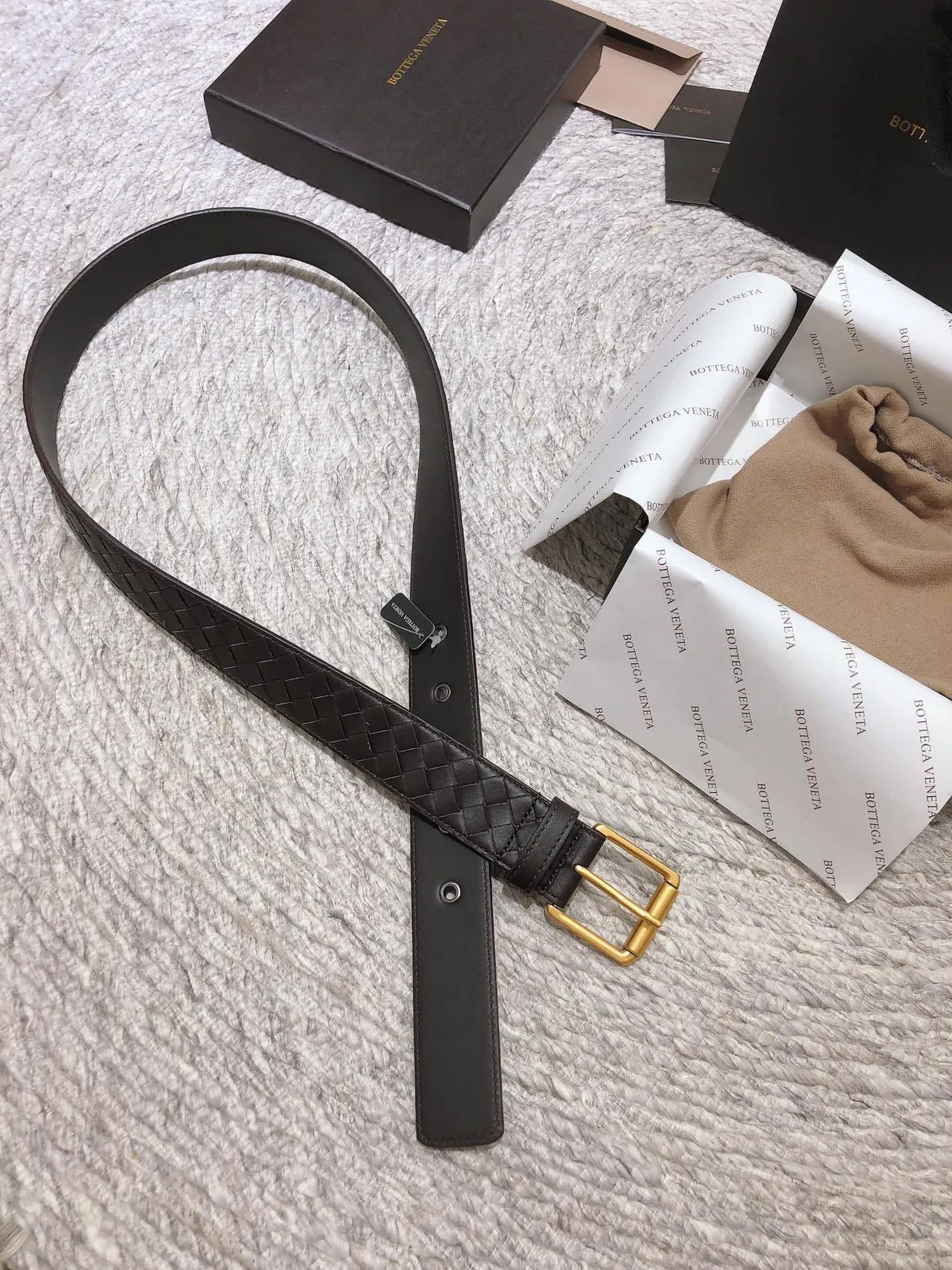 Bottega Veneta Brown Gold Woven Intrecciato Rectangular Buckle Leather Belt 5