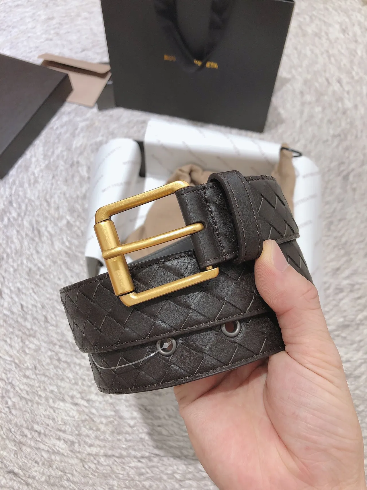 Bottega Veneta Brown Gold Woven Intrecciato Rectangular Buckle Leather Belt 6