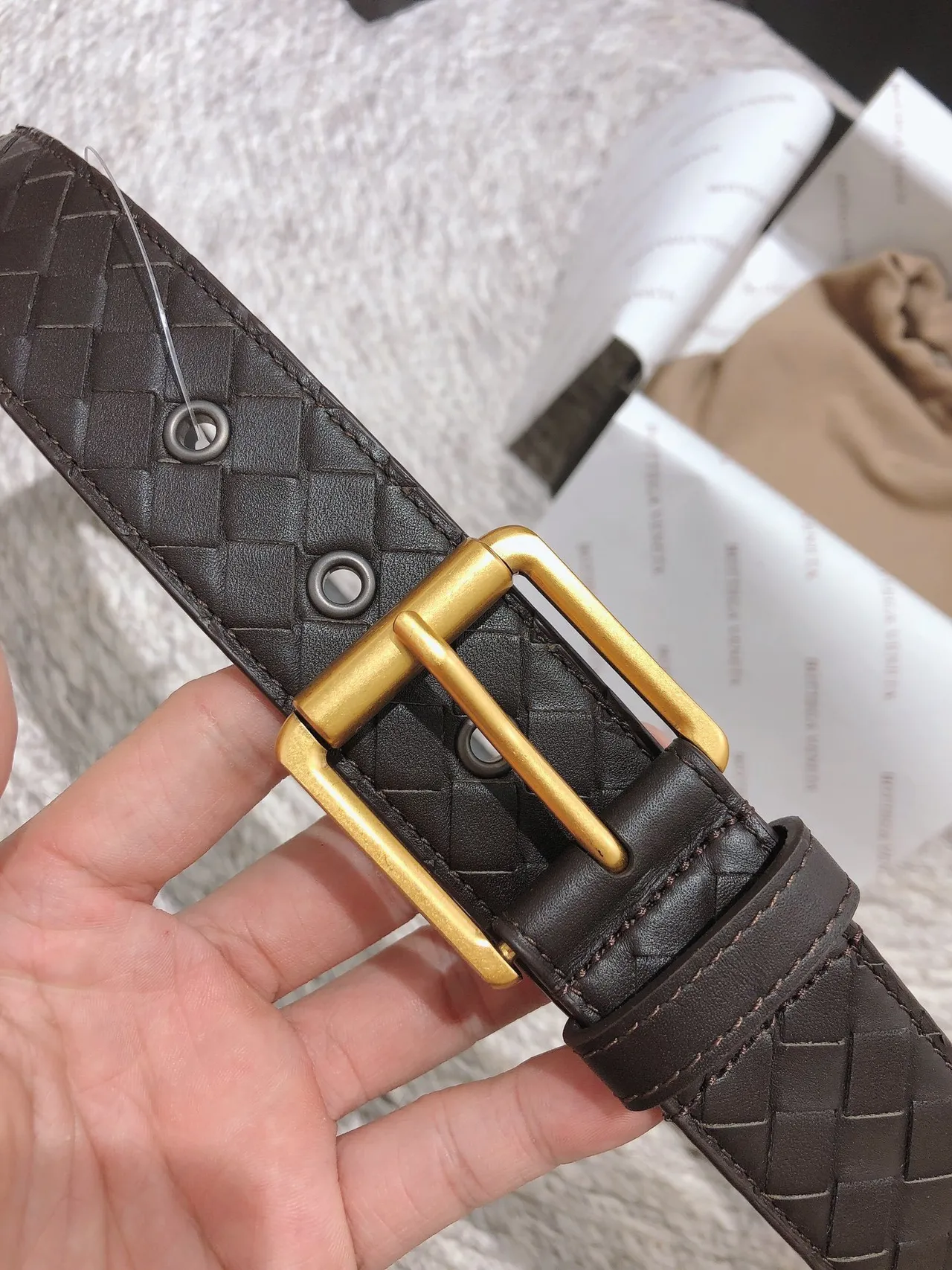 Bottega Veneta Brown Gold Woven Intrecciato Rectangular Buckle Leather Belt 7